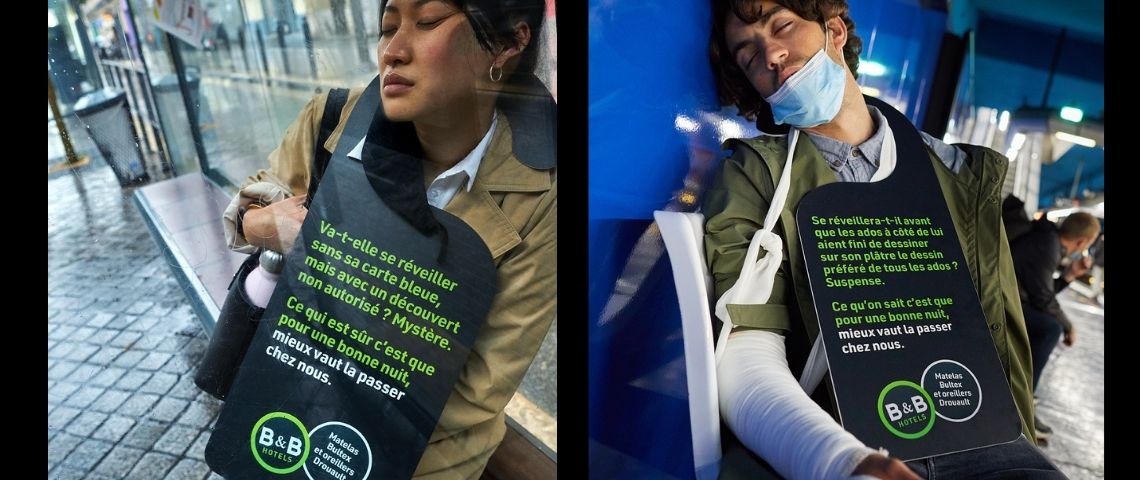 B&B-Hotels-nuit-campagne-publicité-communication-social-media-Buzzman Un homme et une femme qui somnolent dans le métro