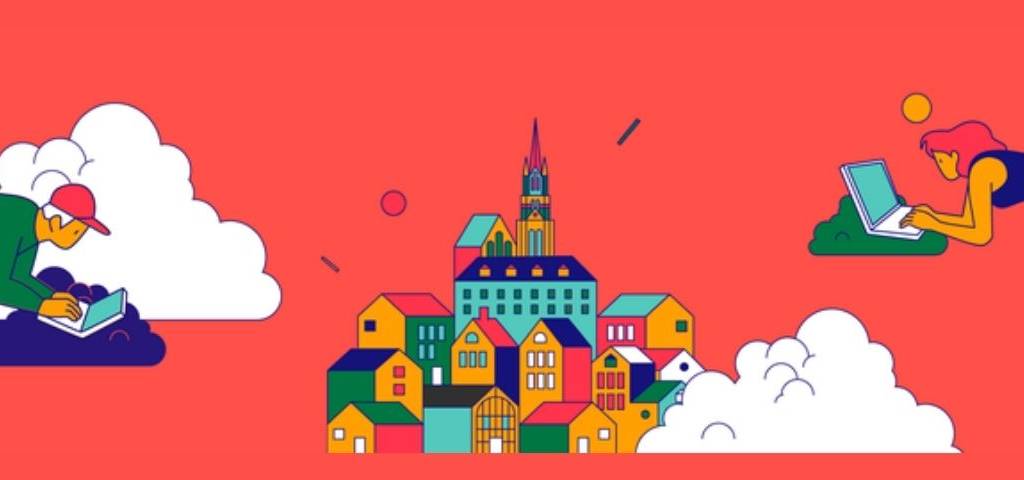 Illustration, jeunes dans les airs devant un oridnateur et au centre un village, le tout sur fond rouge