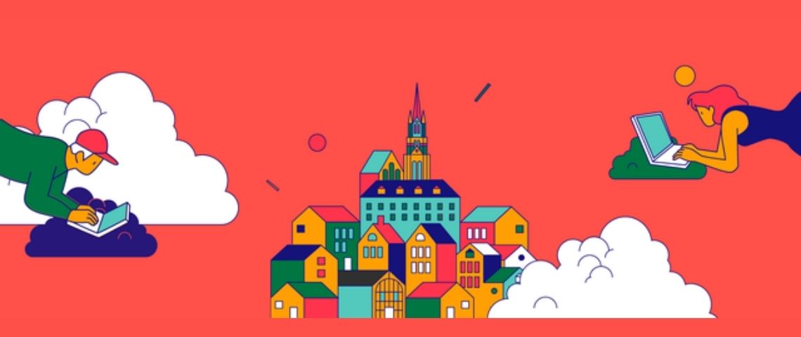 Du 8 mai au 10 juin, MoHo et le fonds D-Day Overlord Foundation lancent un crowdfunding pour la création d’un fonds de micro-mécénat dédié au 8-27 ans Illustration, jeunes dans les airs devant un oridnateur et au centre un village, le tout sur fond rouge