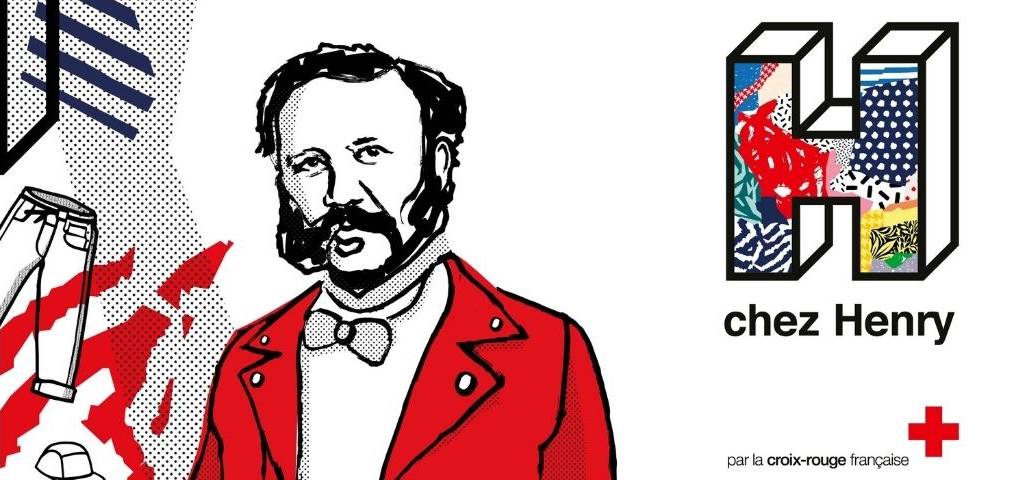 dessin d'un homme avec une veste rouge et un noeud papillon, à droite, un grand H (chez Henry)
