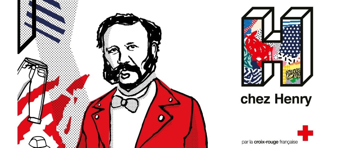 Bienvenue « Chez Henry », nouveau concept de boutique de seconde main de la Croix-Rouge française, imaginé par Carré Noir. dessin d'un homme avec une veste rouge et un noeud papillon, à droite, un grand H (chez Henry)