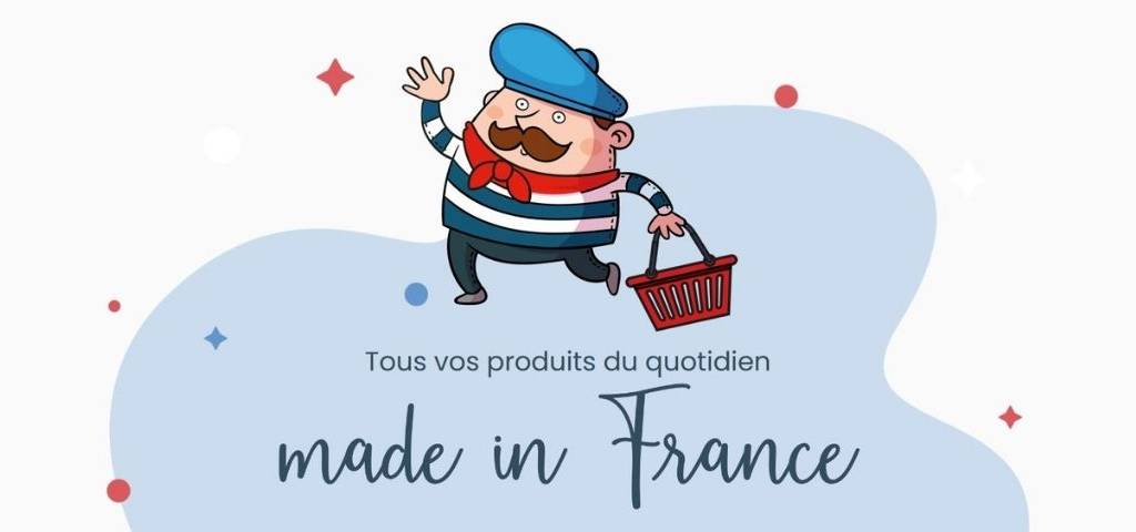 Logo Simplement Français, petit personnage avec un beret bleu, une marinière, un foulard rouge et un panier à la main