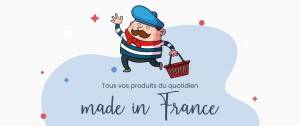 Logo Simplement Français, petit personnage avec un beret bleu, une marinière, un foulard rouge et un panier à la main