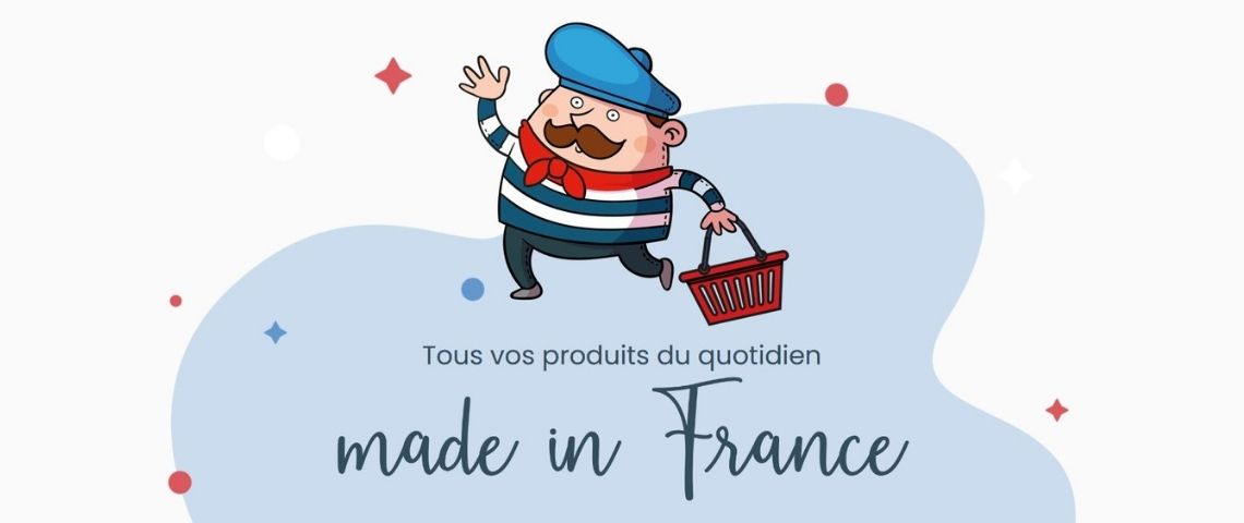 Simplement Français propose via un seul et unique e-shop, uniquement des produits du quotidien fabriqués en France. Logo Simplement Français, petit personnage avec un beret bleu, une marinière, un foulard rouge et un panier à la main