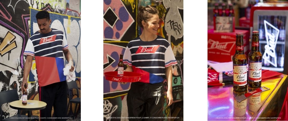 BUD Et Koché s’associent pour créer une bouteille et un t-shirt inédits et Bus distribuera des bière gratuitement pour la finale de l'Euro T-shirt et bouteille issues de la collabrotaion entre Bud et Koché