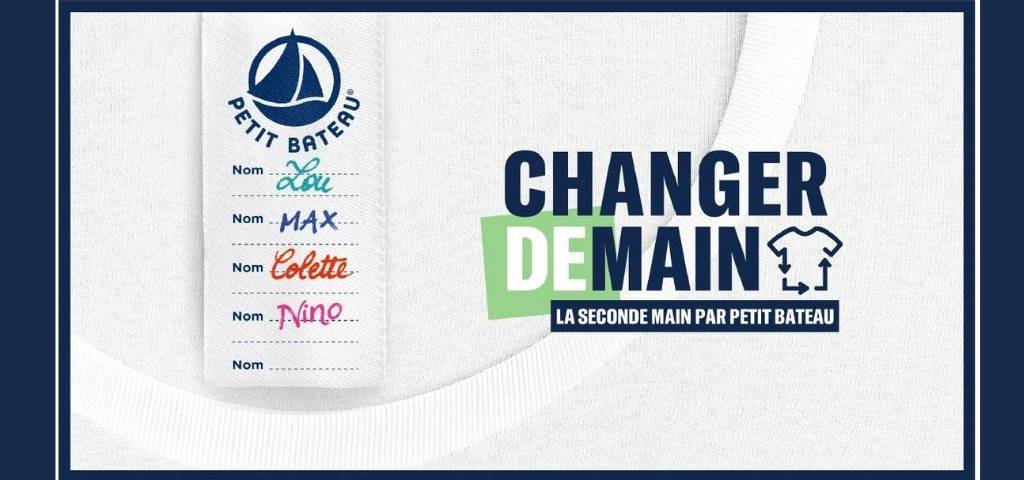 Affiche de la campagne Changer Demain avec une étiquette de T-sirt sur laquelle se succède le nom de différents enfants