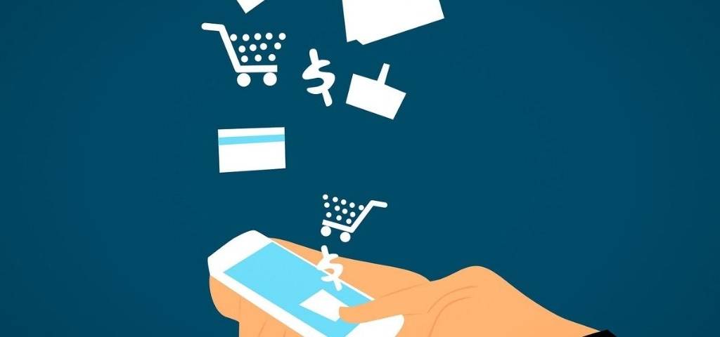 Illustration : Smartphone duquel sortent un caddie de supermarché, une carte de crédit, un panier