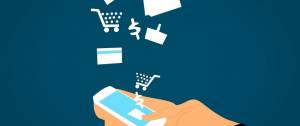 Illustration : Smartphone duquel sortent un caddie de supermarché, une carte de crédit, un panier