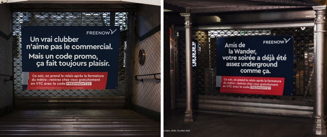 La nuit de la réouverture des boîtes, Freenow s’affiche sur les grilles de métro fermées et raccompagne les fêtards chez eux gratuitement. Affiche métro