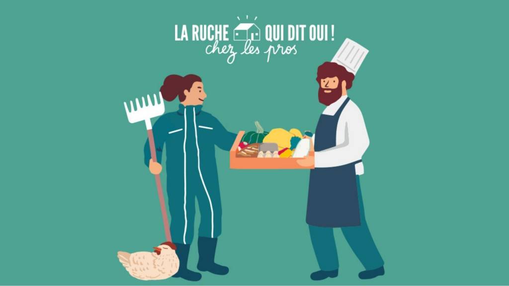 Dessin : Chef avec une tique recevant une cagette de légumes d'une agricultrice