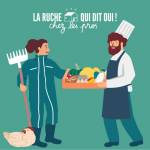 Dessin : Chef avec une tique recevant une cagette de légumes d'une agricultrice
