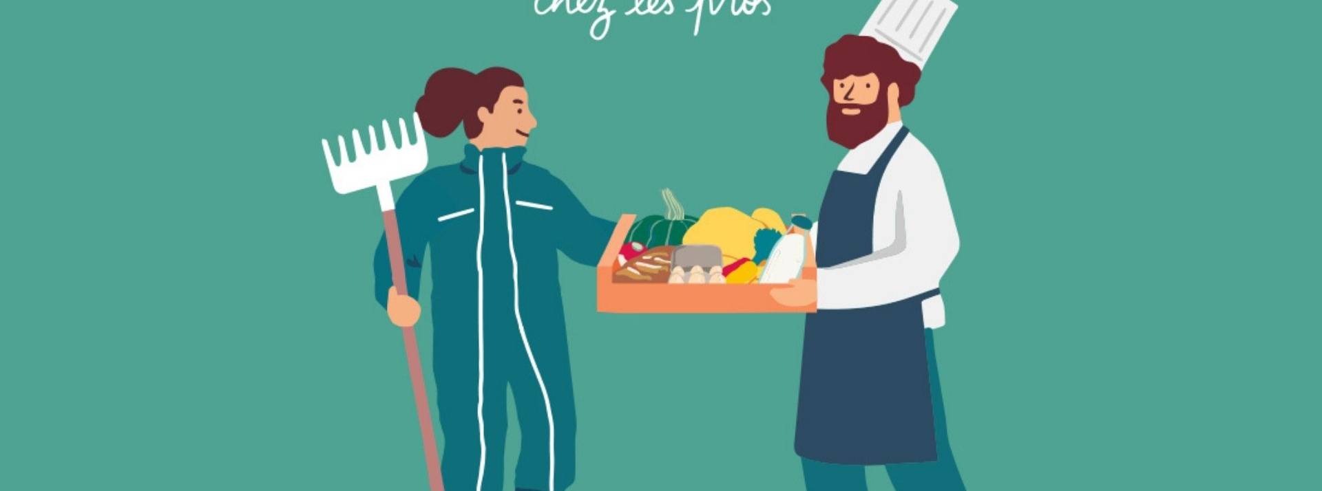 La Ruche qui dit Oui ! fête ses 10 ans et lance son service d'approvisionnement des cantines et des restaurants Dessin : Chef avec une tique recevant une cagette de légumes d'une agricultrice