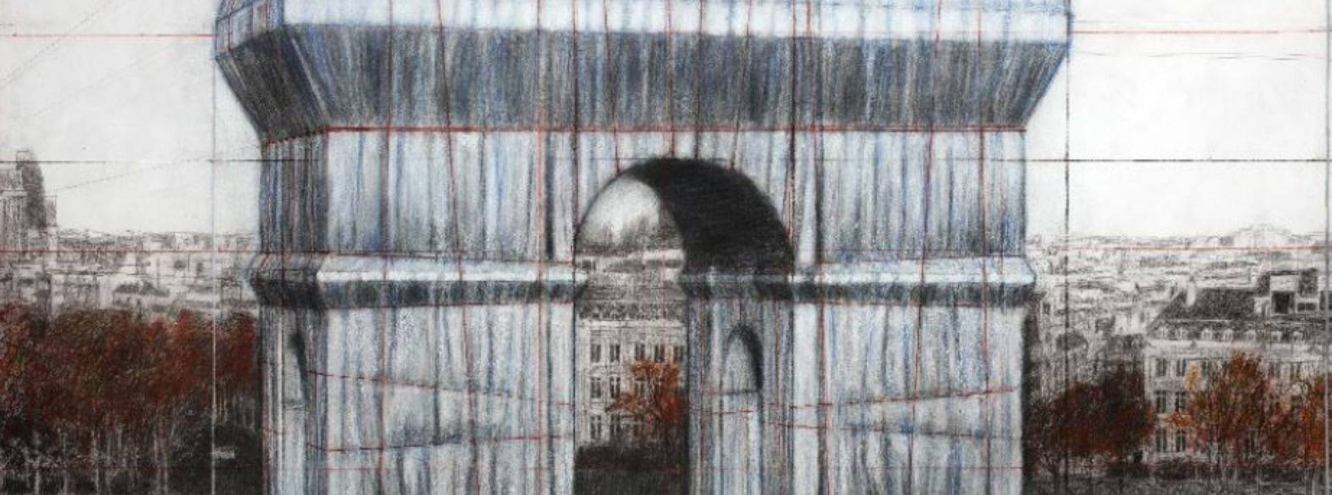 A l'occasion de l'enveloppement de l'Arc de Triomphe par Christo, Snapchat propose une éxpérience en réalité augmentée Croquis de Christo de l'enveloppement de l'Arc de Triomphe