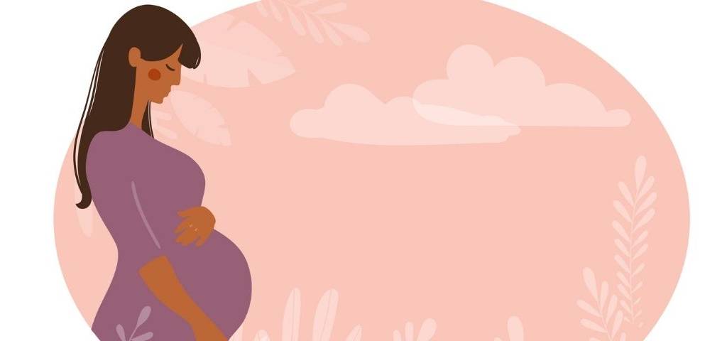 Dessin d'une femme enceinte sur fond rose.