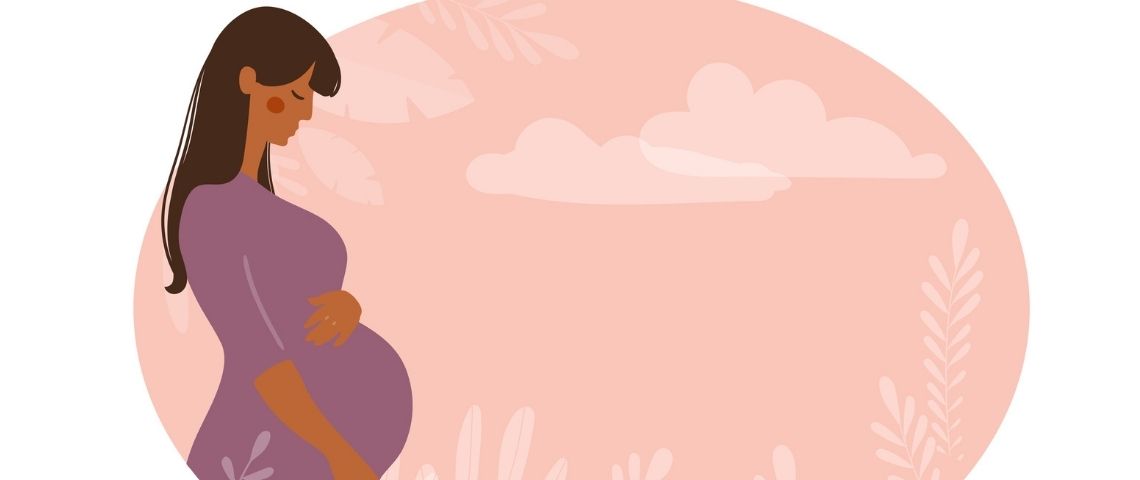 Une startup américaine lance le premier abonnement de produits postpartum au monde. Dessin d'une femme enceinte sur fond rose.