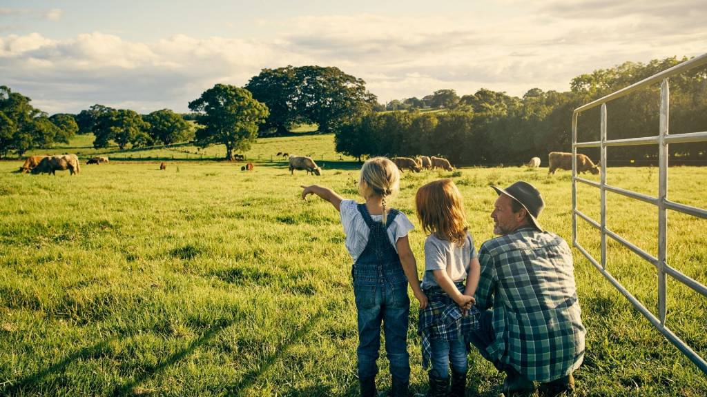 Homme accroupi dans un champ montrant des vaches à deux enfants