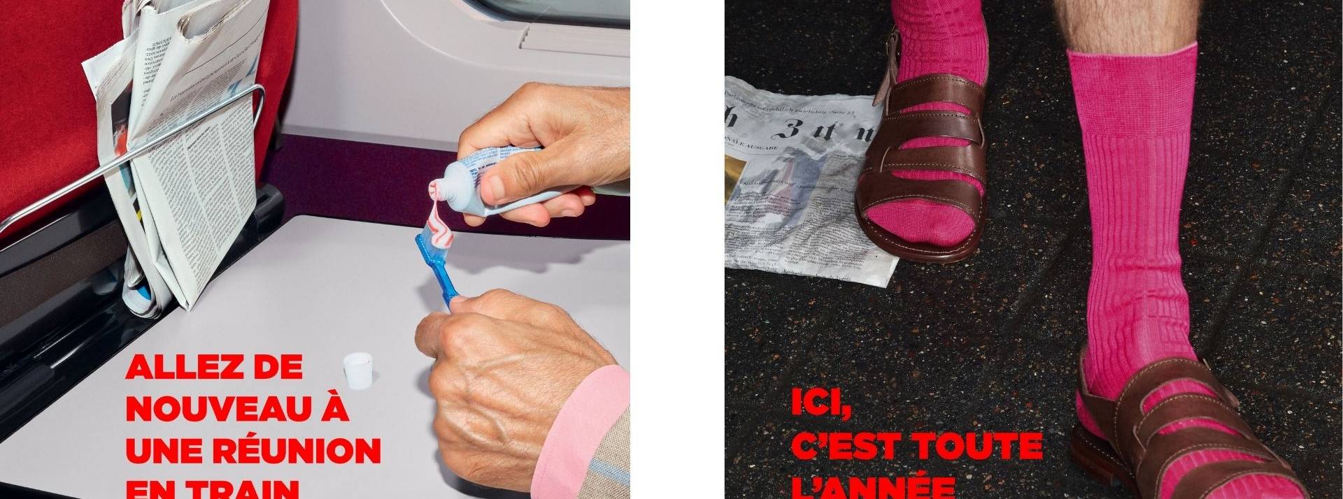 Inutile d’aller loin pour être dépaysé, Thalys met en lumière le meilleur de ses destinations. Une campagne signée DDB Paris 2 visuels : Main et brosse à dents et homme en chaussettes avec des claquettes