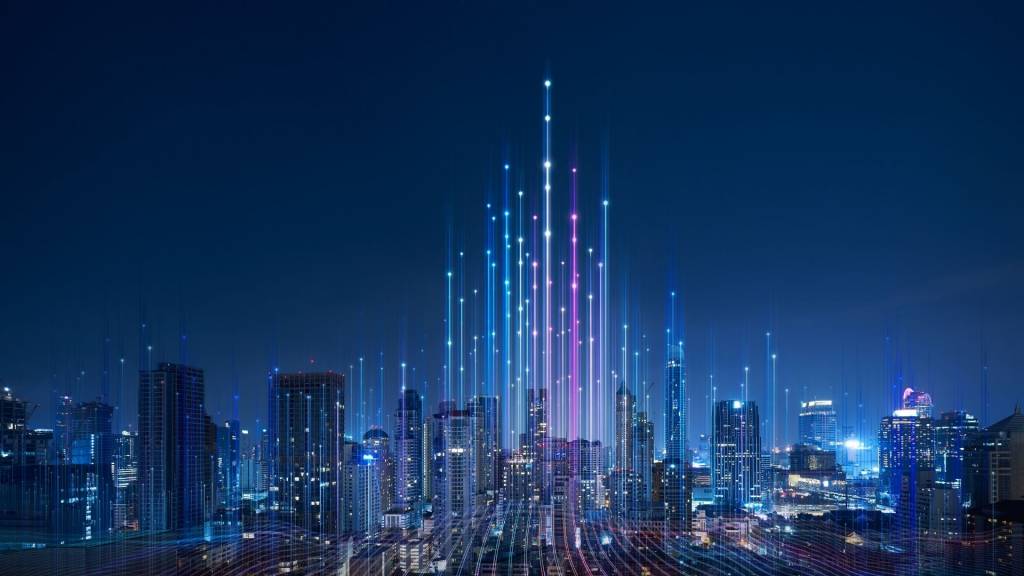 La ville intelligente et le point abstrait se connectent à la ligne de gradient