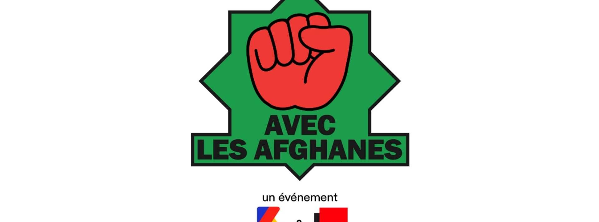 Konbini et France Inter mobilisent leurs rédactions pour porter la parole des femmes Afghanes Point rouge sur fond vert avec le message : Avec les afghanes