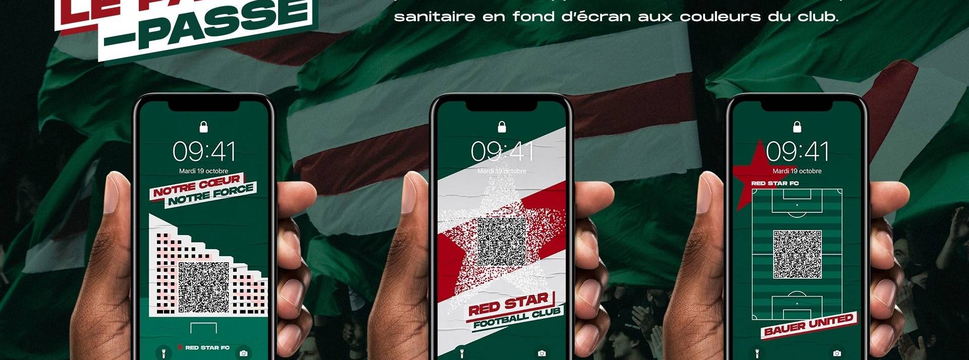 Le Red Star FC présente le PASS-PASSE, un fond d’écran personnalisé intégrant le pass sanitaire des supporters pour leur permettre d’accéder plus vite au stade. 3 Smartphones