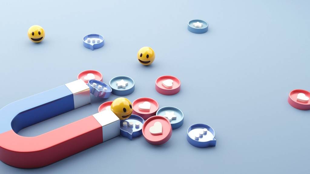 La plateforme de marketing d'influence Favikon a réalisé une étude sur les 150 profils français les plus remarqués sur LinkedIn. Concept de marketing des médias sociaux. Attirer (emoji, comme, l’amour, star, icône de commentaire) avec un aimant énorme