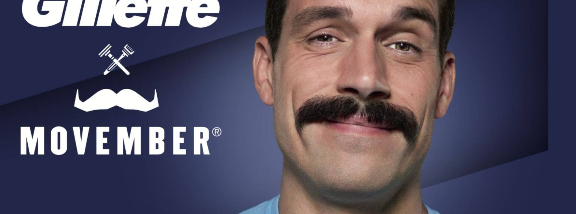 Gillette s’associe à Movember pour promouvoir la santé et le bien-être des hommes. Affiche de la campagne de sensibilisation Gillette x Movember.