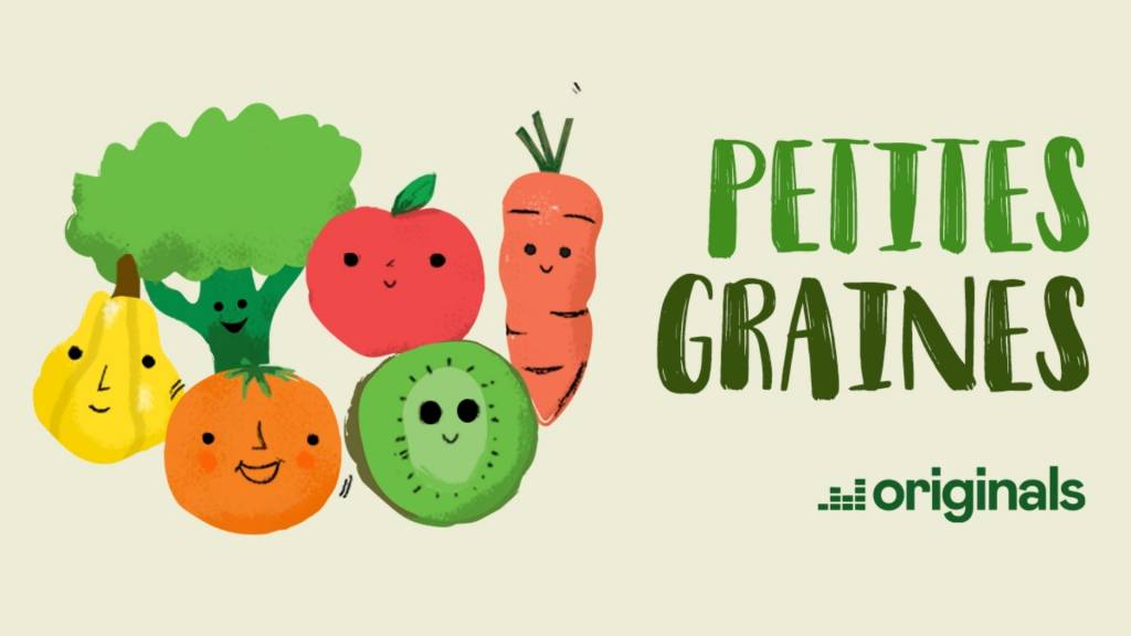 Affiche podcast  - petites graines -  avec des dessins de fruits et légumes