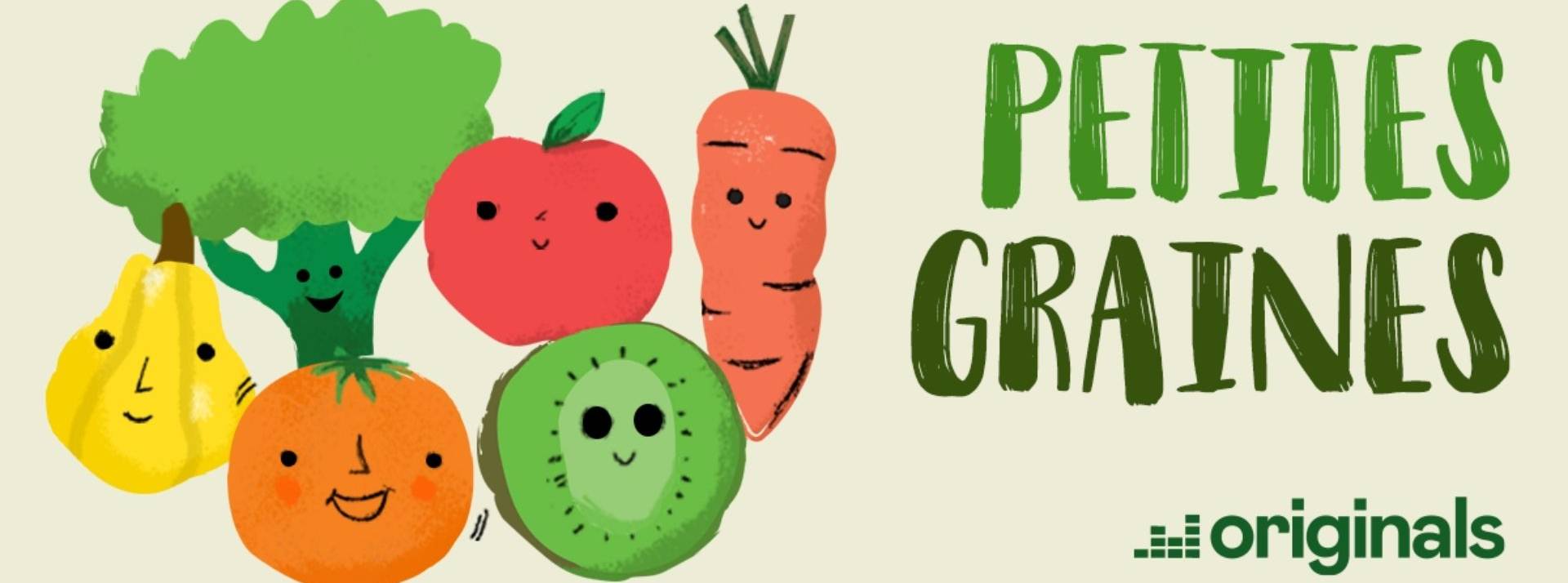 Affiche podcast  - petites graines -  avec des dessins de fruits et légumes