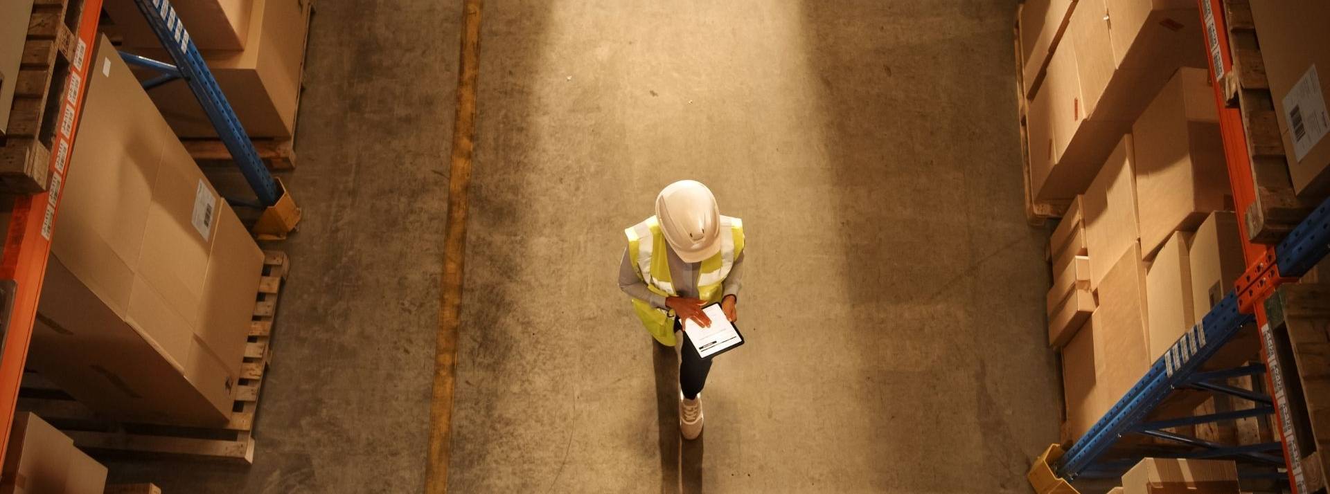Vue descendante : Un travailleur portant un casque dur vérifie les stocks et les stocks à l’aide d’un ordinateur tablette numérique dans l’entrepôt de détail rempli d’étagères avec des marchandises