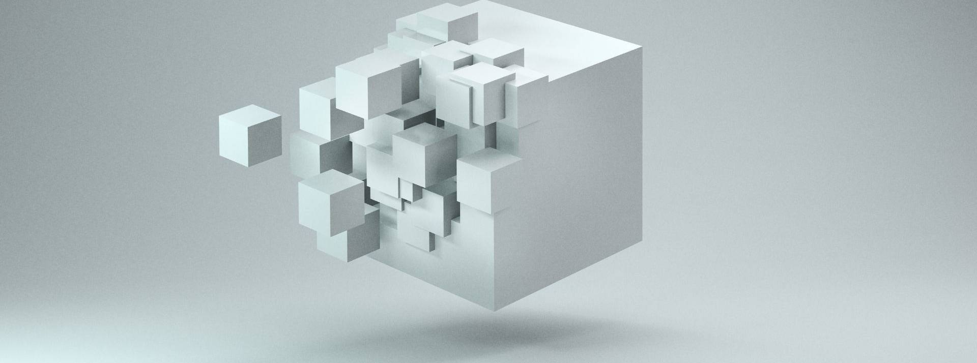 Avec Tisseurs d'Avenir, WebForce3 lutte lutte contre l'illectronisme et pour l'insertion professionnelle des réfugiés. Rendu de cube 3D sur fond gris clair