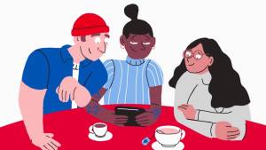 Dessin de 3 personnes autour d'une table