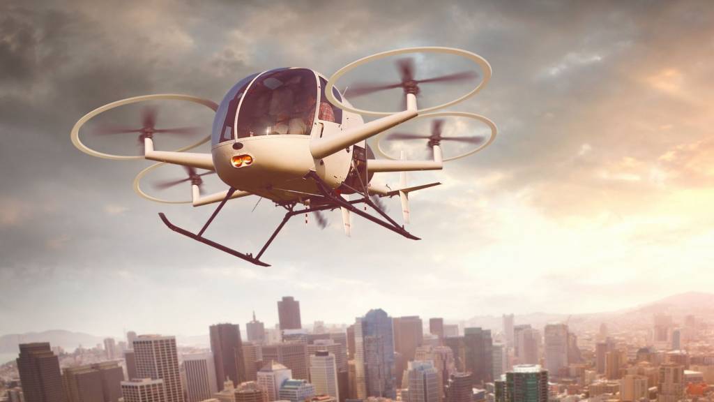Drone futuriste survolant la ville