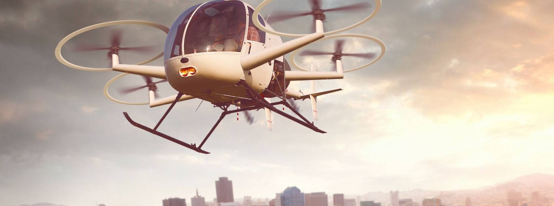 Lancement les premières expérimentations dédiées aux nouvelles mobilités aériennes urbaines sur l'aérodrome de Pontoise. Drone futuriste survolant la ville