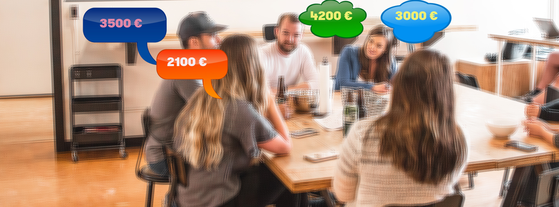 La transparence salariale : une bonne soultion pour lutter contre les inégalités ? Groupe de personnes autour d'un bureau, avec le montant de leur salaire dans une bulle à côté de leur tête