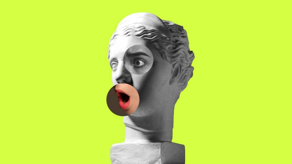 Collage avec le modèle de tête de plâtre et le portrait féminin. Design moderne. Collage coloré contemporain d’art