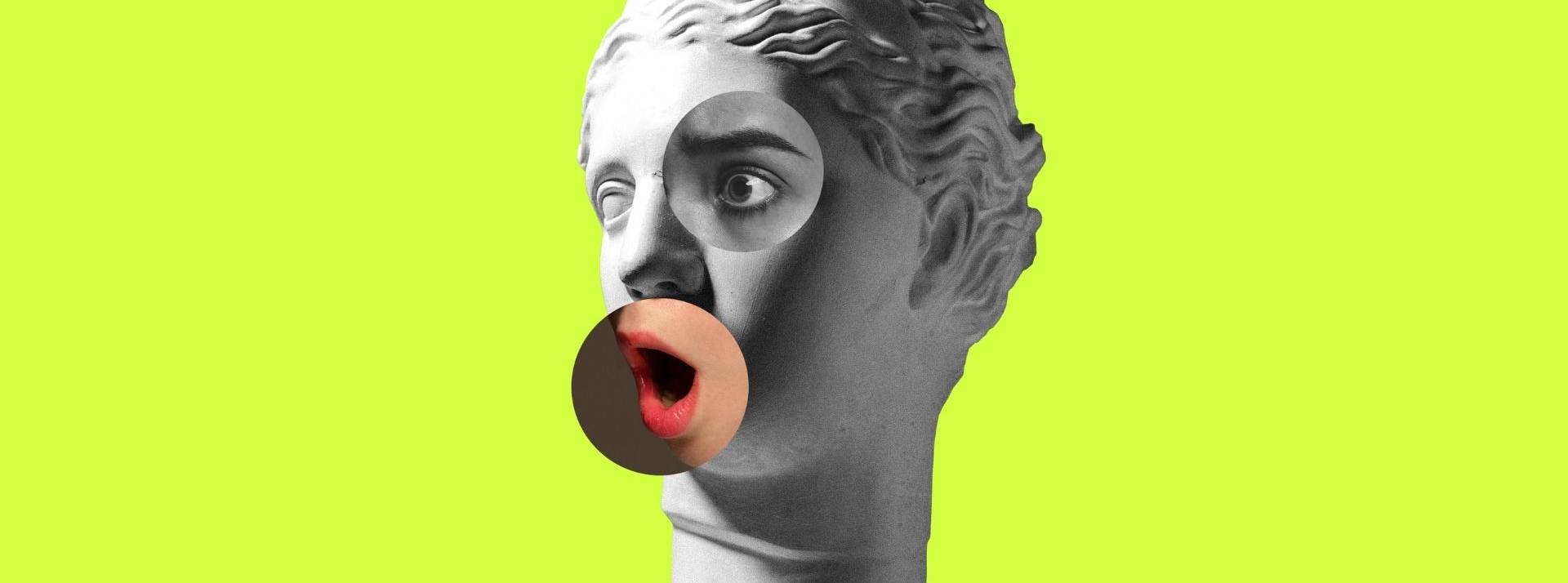 Live by eBay, une nouvelle expérience de live shopping, version enchères, dédiée aux objets d'art et de collection Collage avec le modèle de tête de plâtre et le portrait féminin. Design moderne. Collage coloré contemporain d’art