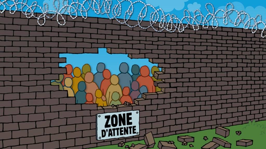 Mur avec un trou au milieu et une pancarte  - zone d'attente - 