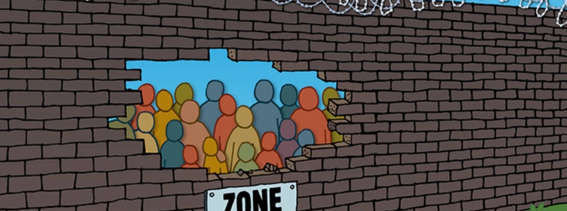 Ben & Jerry’s et l’Anafé lance une grande campagne de lutte contre les zones d’attente Mur avec un trou au milieu et une pancarte - zone d'attente -